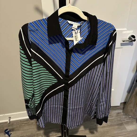 Vintage Inspired 70’s Colorblock DVF Silk Button Down Sz 4 NWT - Picture 2 of 3